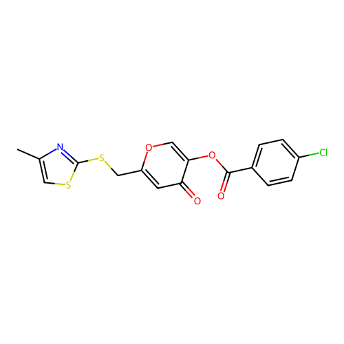 6-(((4-methylthiazol-2-yl)thio)methyl)-4-oxo-4H-pyran-3-yl 4-chlorobenzoate structure