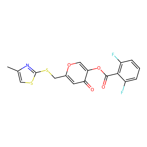 6-(((4-methylthiazol-2-yl)thio)methyl)-4-oxo-4H-pyran-3-yl 2,6-difluorobenzoate structure