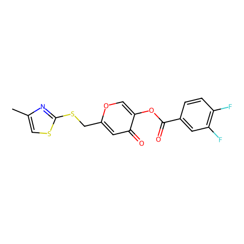 6-(((4-methylthiazol-2-yl)thio)methyl)-4-oxo-4H-pyran-3-yl 3,4-difluorobenzoate structure