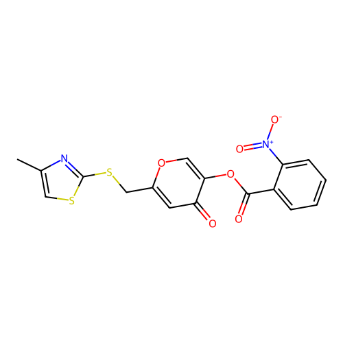 6-(((4-methylthiazol-2-yl)thio)methyl)-4-oxo-4H-pyran-3-yl 2-nitrobenzoate structure