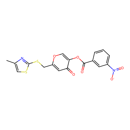 6-(((4-methylthiazol-2-yl)thio)methyl)-4-oxo-4H-pyran-3-yl 3-nitrobenzoate structure