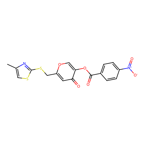 6-(((4-methylthiazol-2-yl)thio)methyl)-4-oxo-4H-pyran-3-yl 4-nitrobenzoate structure