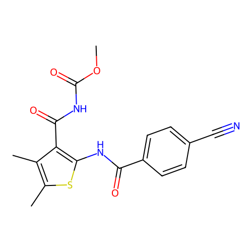 Methyl (2-(4-cyanobenzamido)-4,5-dimethylthiophene-3-carbonyl)carbamate structure