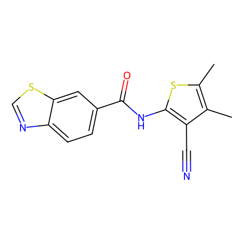 N-(3-cyano-4,5-dimethylthiophen-2-yl)-1,3-benzothiazole-6-carboxamide structure