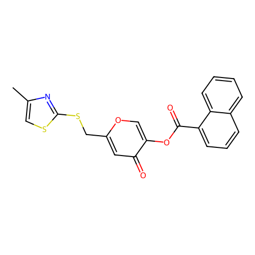 6-(((4-methylthiazol-2-yl)thio)methyl)-4-oxo-4H-pyran-3-yl 1-naphthoate structure