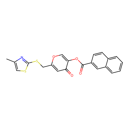 6-(((4-methylthiazol-2-yl)thio)methyl)-4-oxo-4H-pyran-3-yl 2-naphthoate structure