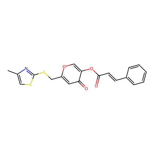 6-(((4-methylthiazol-2-yl)thio)methyl)-4-oxo-4H-pyran-3-yl cinnamate structure