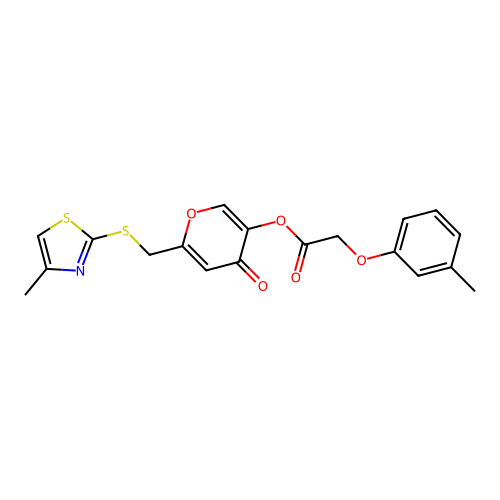 6-(((4-methylthiazol-2-yl)thio)methyl)-4-oxo-4H-pyran-3-yl 2-(m-tolyloxy)acetate structure