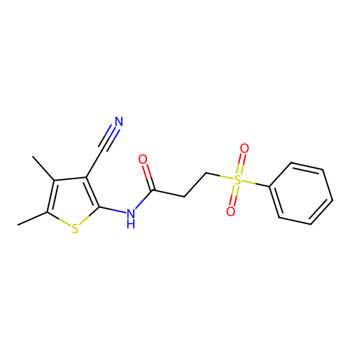 3-(benzenesulfonyl)-N-(3-cyano-4,5-dimethylthiophen-2-yl)propanamide structure