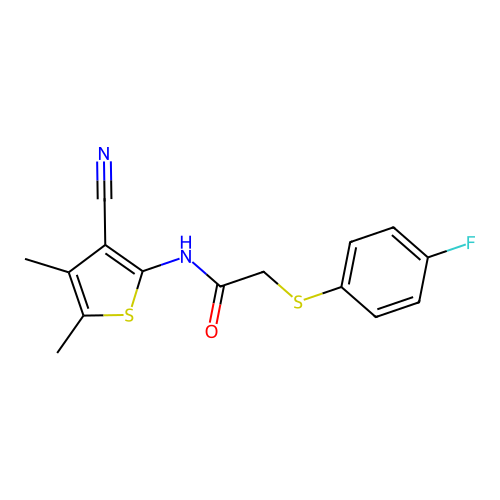 N-(3-cyano-4,5-dimethylthiophen-2-yl)-2-((4-fluorophenyl)thio)acetamide structure