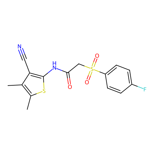 N-(3-cyano-4,5-dimethylthiophen-2-yl)-2-(4-fluorophenyl)sulfonylacetamide structure
