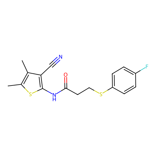 N-(3-cyano-4,5-dimethylthiophen-2-yl)-3-((4-fluorophenyl)thio)propanamide structure