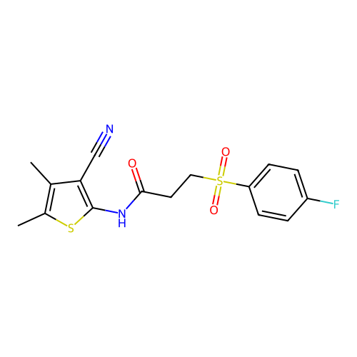 N-(3-cyano-4,5-dimethylthiophen-2-yl)-3-(4-fluorophenyl)sulfonylpropanamide structure