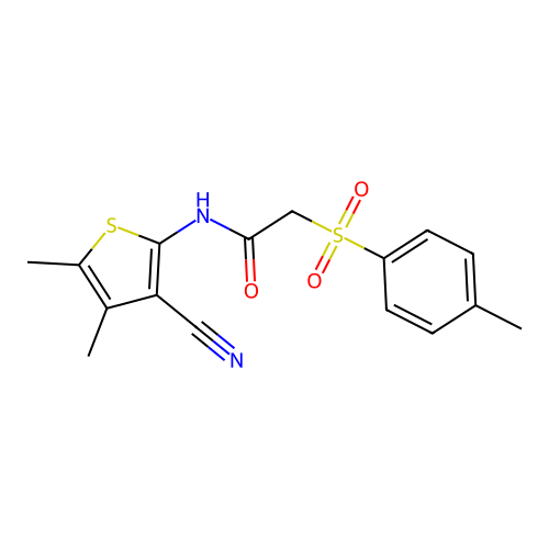 N-(3-cyano-4,5-dimethylthiophen-2-yl)-2-tosylacetamide structure