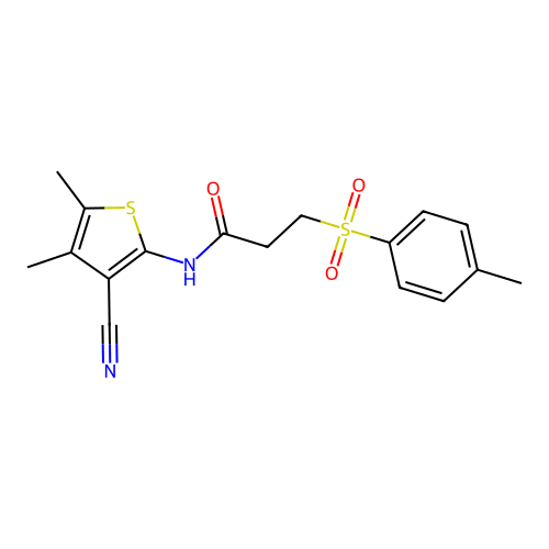 N-(3-cyano-4,5-dimethylthiophen-2-yl)-3-tosylpropanamide structure