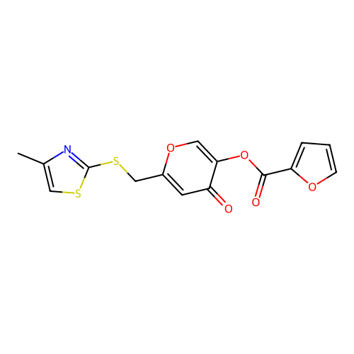 6-(((4-methylthiazol-2-yl)thio)methyl)-4-oxo-4H-pyran-3-yl furan-2-carboxylate structure