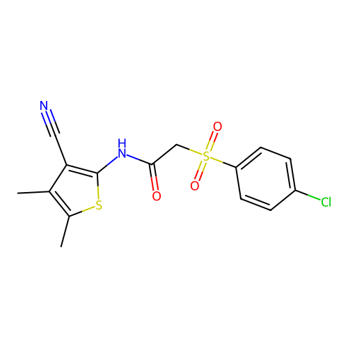 2-(4-chlorophenyl)sulfonyl-N-(3-cyano-4,5-dimethylthiophen-2-yl)acetamide structure
