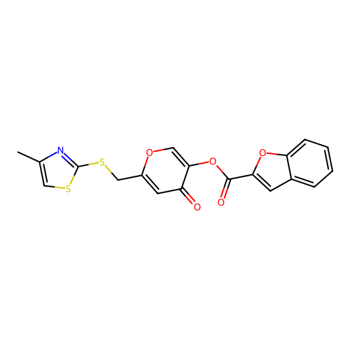 6-(((4-methylthiazol-2-yl)thio)methyl)-4-oxo-4H-pyran-3-yl benzofuran-2-carboxylate structure