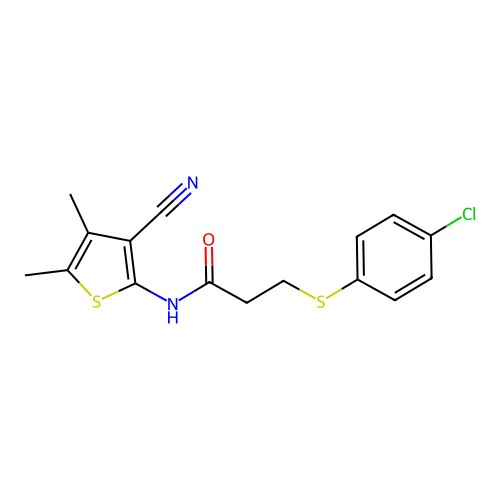 3-((4-chlorophenyl)thio)-N-(3-cyano-4,5-dimethylthiophen-2-yl)propanamide structure