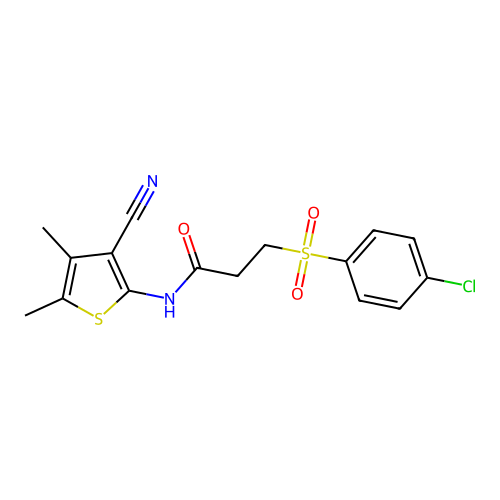 3-(4-chlorophenyl)sulfonyl-N-(3-cyano-4,5-dimethylthiophen-2-yl)propanamide structure