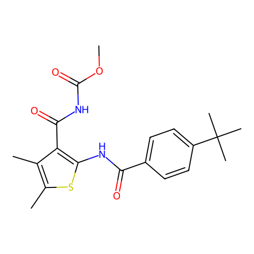 Methyl (2-(4-(tert-butyl)benzamido)-4,5-dimethylthiophene-3-carbonyl)carbamate structure