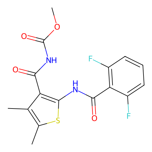 Methyl (2-(2,6-difluorobenzamido)-4,5-dimethylthiophene-3-carbonyl)carbamate structure