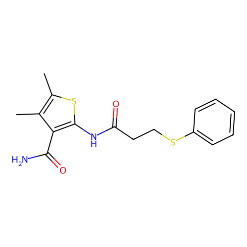 4,5-Dimethyl-2-(3-(phenylthio)propanamido)thiophene-3-carboxamide structure