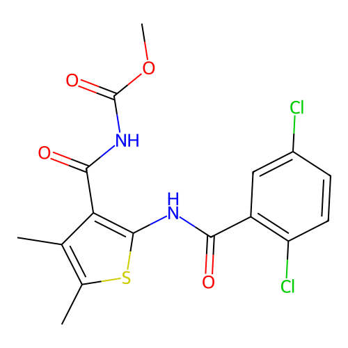 Methyl (2-(2,5-dichlorobenzamido)-4,5-dimethylthiophene-3-carbonyl)carbamate structure