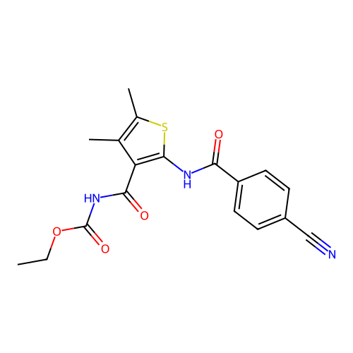 Ethyl (2-(4-cyanobenzamido)-4,5-dimethylthiophene-3-carbonyl)carbamate structure