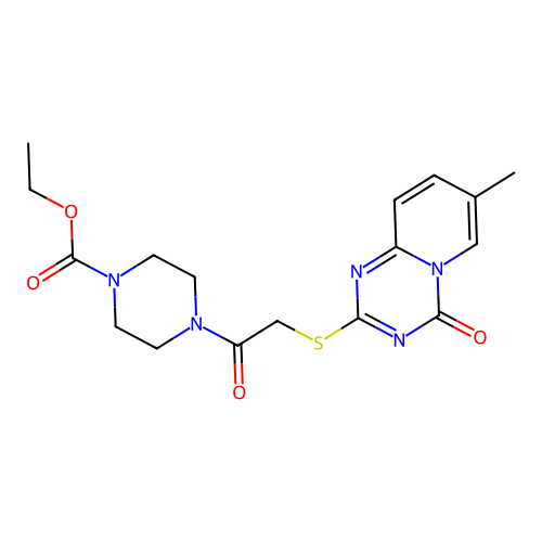 ethyl 4-[2-(7-methyl-4-oxopyrido[1,2-a][1,3,5]triazin-2-yl)sulfanylacetyl]piperazine-1-carboxylate structure