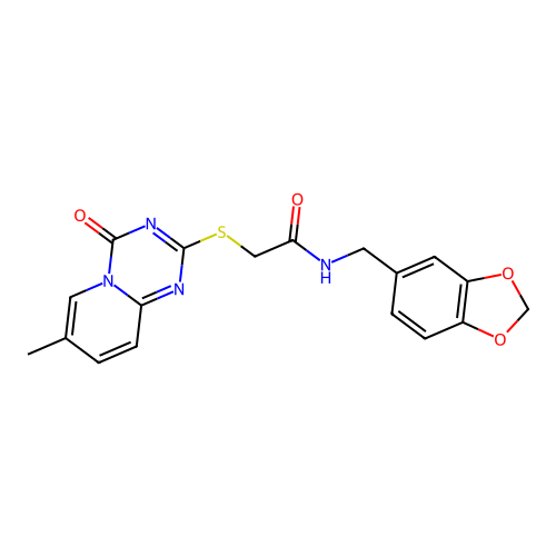N-[(2H-1,3-benzodioxol-5-yl)methyl]-2-({7-methyl-4-oxo-4H-pyrido[1,2-a][1,3,5]triazin-2-yl}sulfanyl)acetamide structure