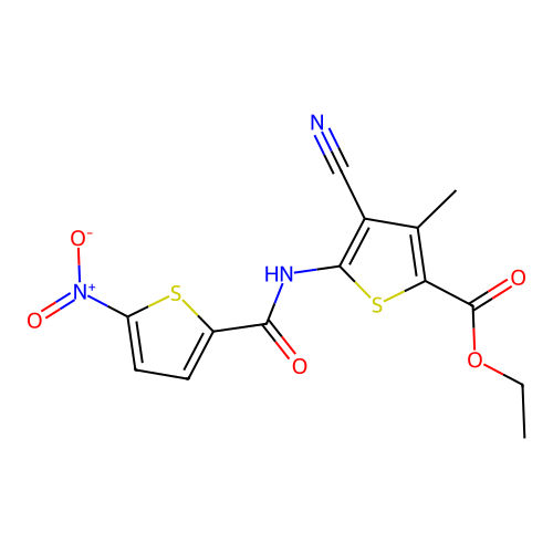 Ethyl 4-cyano-3-methyl-5-(5-nitrothiophene-2-carboxamido)thiophene-2-carboxylate structure
