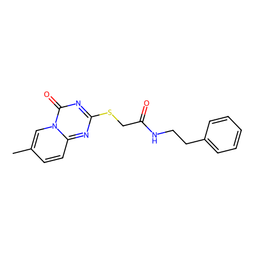 2-({7-methyl-4-oxo-4H-pyrido[1,2-a][1,3,5]triazin-2-yl}sulfanyl)-N-(2-phenylethyl)acetamide structure