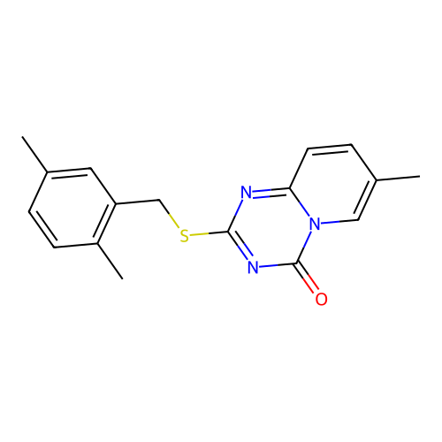 2-((2,5-dimethylbenzyl)thio)-7-methyl-4H-pyrido[1,2-a][1,3,5]triazin-4-one structure