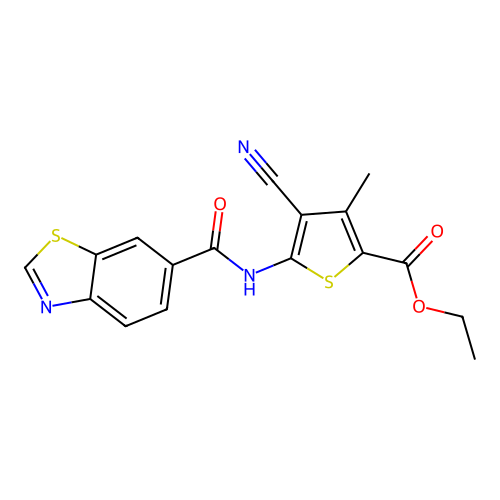 Ethyl 5-(benzo[d]thiazole-6-carboxamido)-4-cyano-3-methylthiophene-2-carboxylate structure
