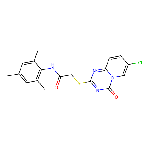 2-((7-chloro-4-oxo-4H-pyrido[1,2-a][1,3,5]triazin-2-yl)thio)-N-mesitylacetamide structure