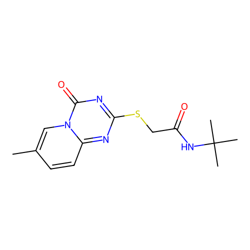 N-tert-butyl-2-(7-methyl-4-oxopyrido[1,2-a][1,3,5]triazin-2-yl)sulfanylacetamide structure