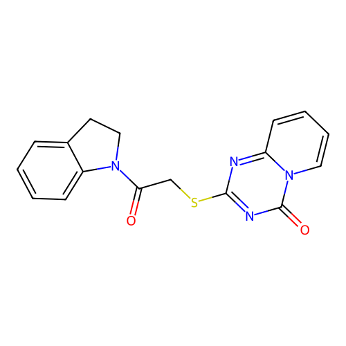 2-((2-(indolin-1-yl)-2-oxoethyl)thio)-4H-pyrido[1,2-a][1,3,5]triazin-4-one structure