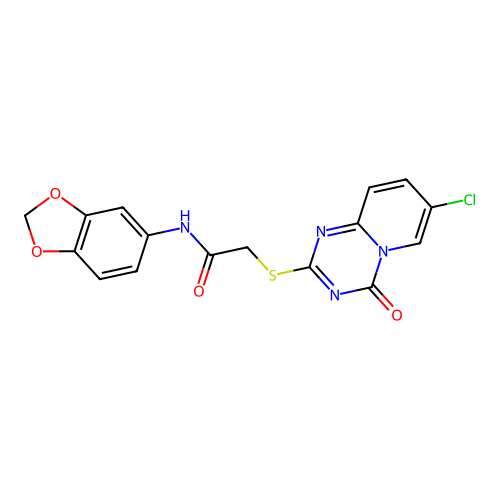 N-(2H-1,3-benzodioxol-5-yl)(6-chloro-4-oxo-1,3,4a-triaza-4H-naphth-2-ylthio)acetamide structure