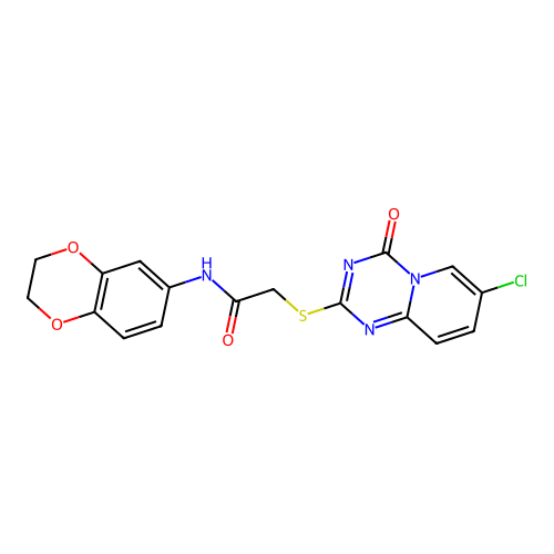 2-({7-chloro-4-oxo-4H-pyrido[1,2-a][1,3,5]triazin-2-yl}sulfanyl)-N-(2,3-dihydro-1,4-benzodioxin-6-yl)acetamide structure