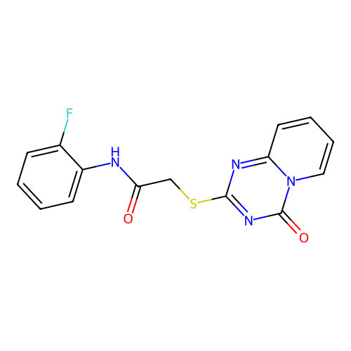 N-(2-fluorophenyl)-2-(4-oxopyrido[1,2-a][1,3,5]triazin-2-yl)sulfanylacetamide structure