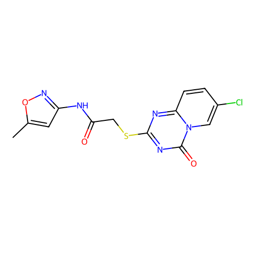 2-({7-chloro-4-oxo-4H-pyrido[1,2-a][1,3,5]triazin-2-yl}sulfanyl)-N-(5-methyl-1,2-oxazol-3-yl)acetamide structure