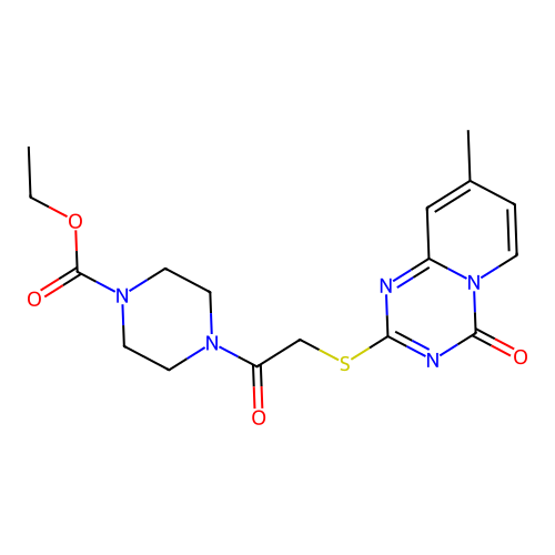 ethyl 4-(2-((8-methyl-4-oxo-4H-pyrido[1,2-a][1,3,5]triazin-2-yl)thio)acetyl)piperazine-1-carboxylate structure