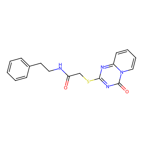 2-({4-oxo-4H-pyrido[1,2-a][1,3,5]triazin-2-yl}sulfanyl)-N-(2-phenylethyl)acetamide structure