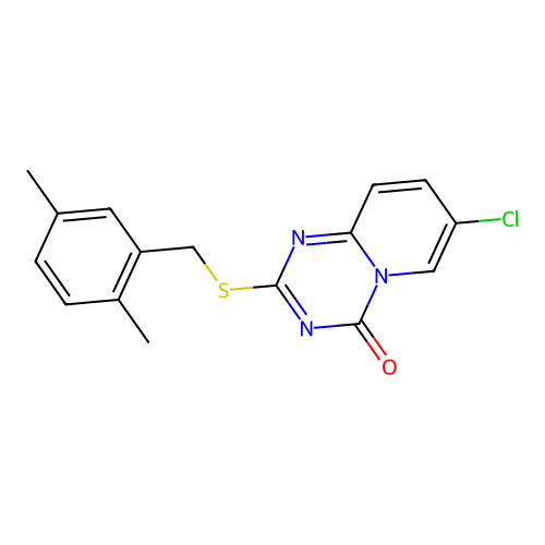 7-chloro-2-((2,5-dimethylbenzyl)thio)-4H-pyrido[1,2-a][1,3,5]triazin-4-one structure
