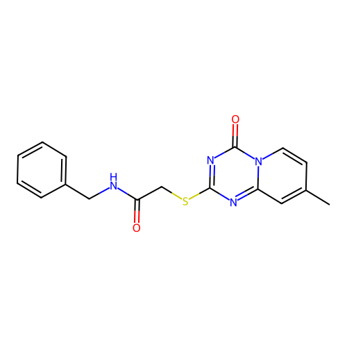 N-benzyl-2-(8-methyl-4-oxopyrido[1,2-a][1,3,5]triazin-2-yl)sulfanylacetamide structure