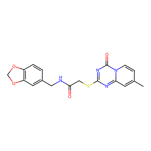 N-(1,3-benzodioxol-5-ylmethyl)-2-(8-methyl-4-oxopyrido[1,2-a][1,3,5]triazin-2-yl)sulfanylacetamide structure