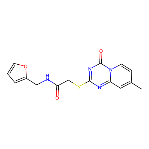 N-(furan-2-ylmethyl)-2-(8-methyl-4-oxopyrido[1,2-a][1,3,5]triazin-2-yl)sulfanylacetamide structure