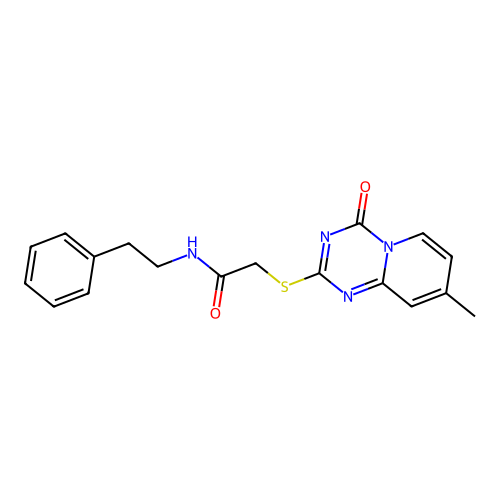 2-({8-methyl-4-oxo-4H-pyrido[1,2-a][1,3,5]triazin-2-yl}sulfanyl)-N-(2-phenylethyl)acetamide structure