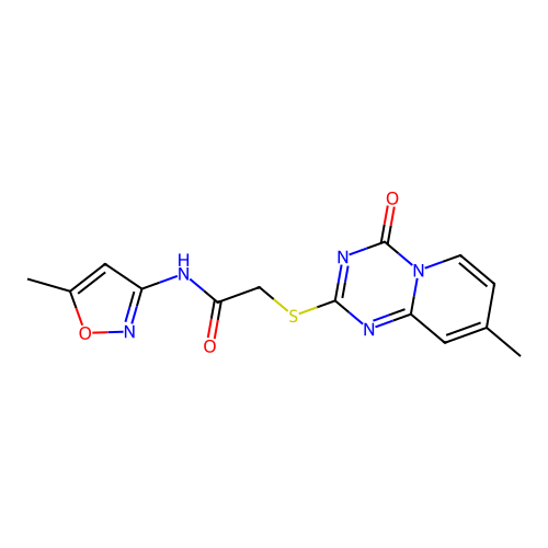 N-(5-methyl-1,2-oxazol-3-yl)-2-(8-methyl-4-oxopyrido[1,2-a][1,3,5]triazin-2-yl)sulfanylacetamide structure